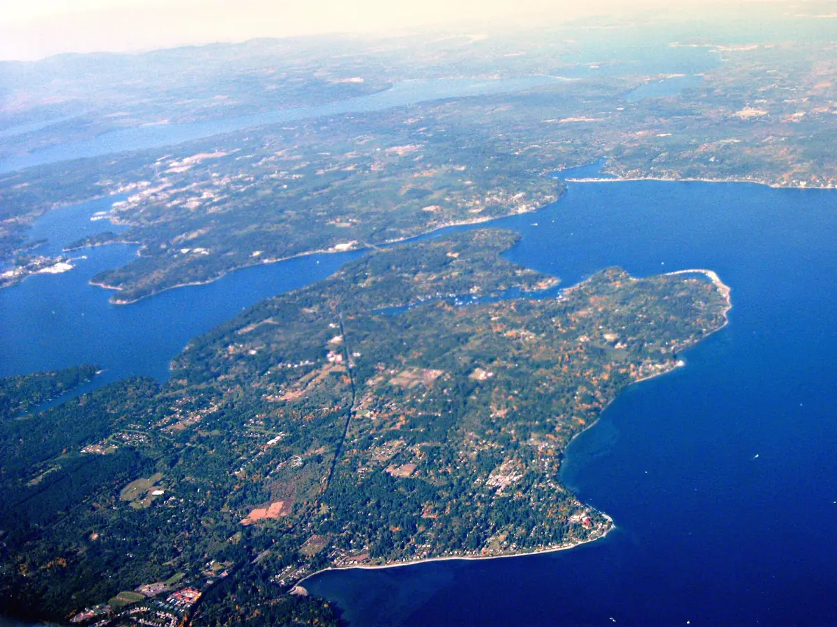 Aerial view of Bainbridge Island and the Agate Passage channel