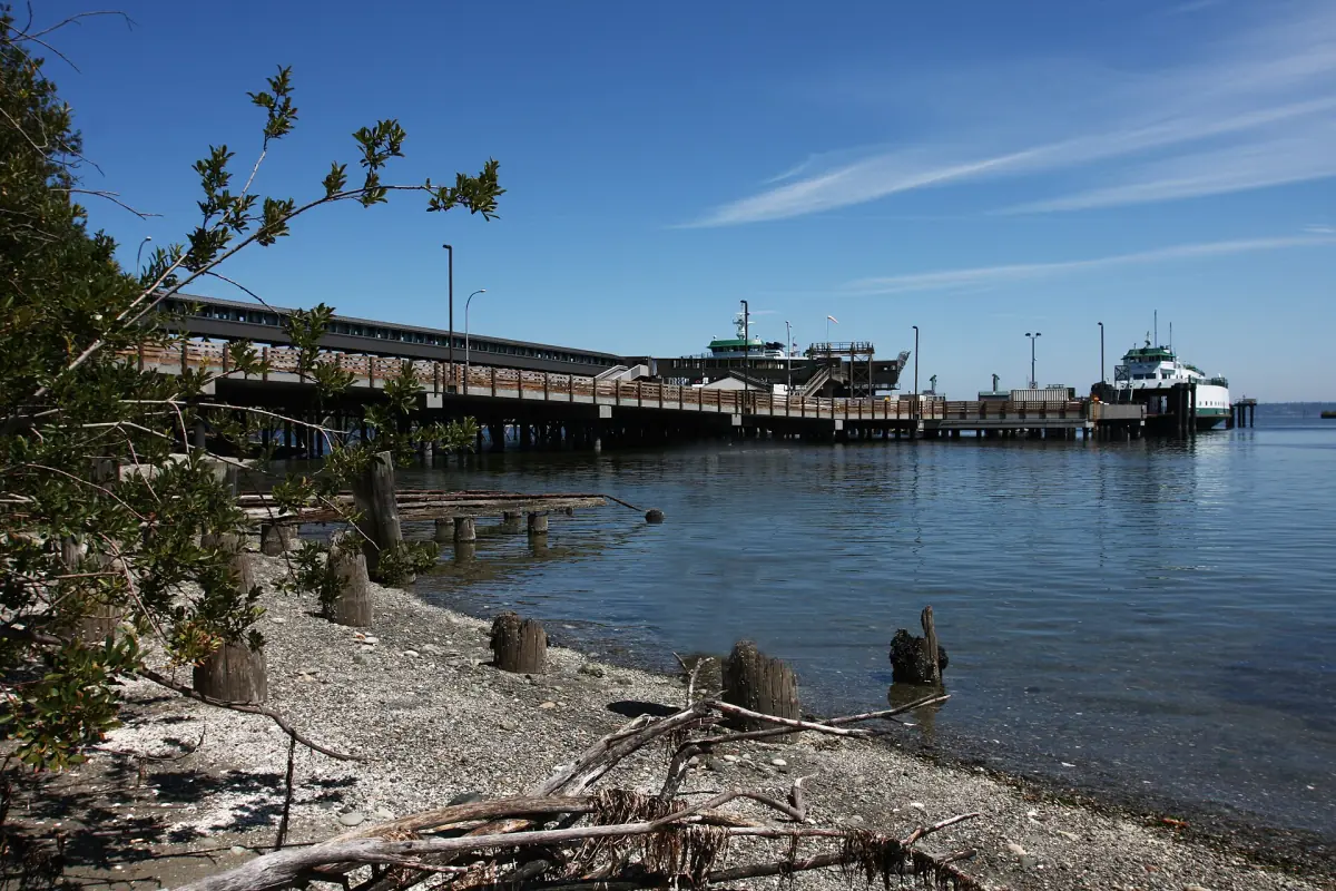 Ferry terminal pier and moored ferry on the shore of Bainbridge Island