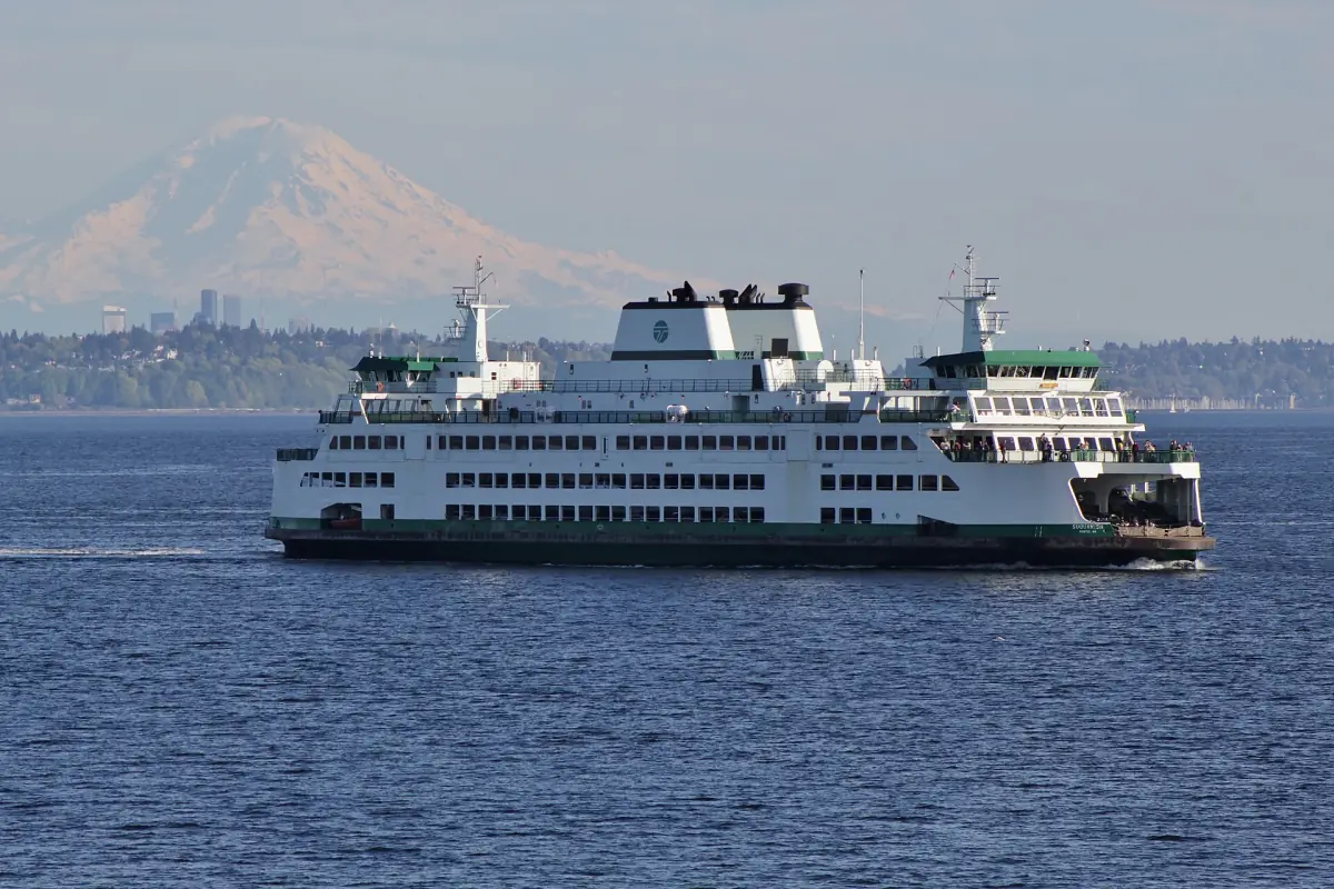 Ferry on Puget Sound with Mount Rainier and the Seattle skyline behind