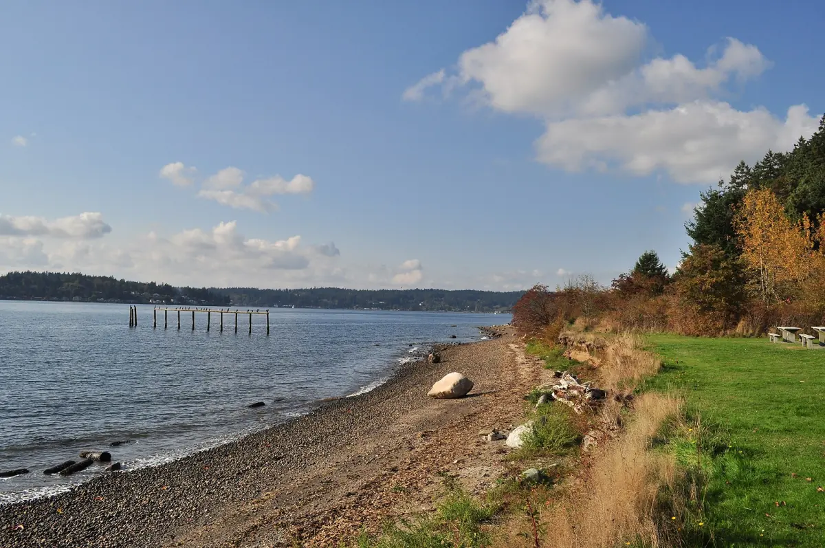 Rocky shoreline and grassy bank at Fort Ward Park