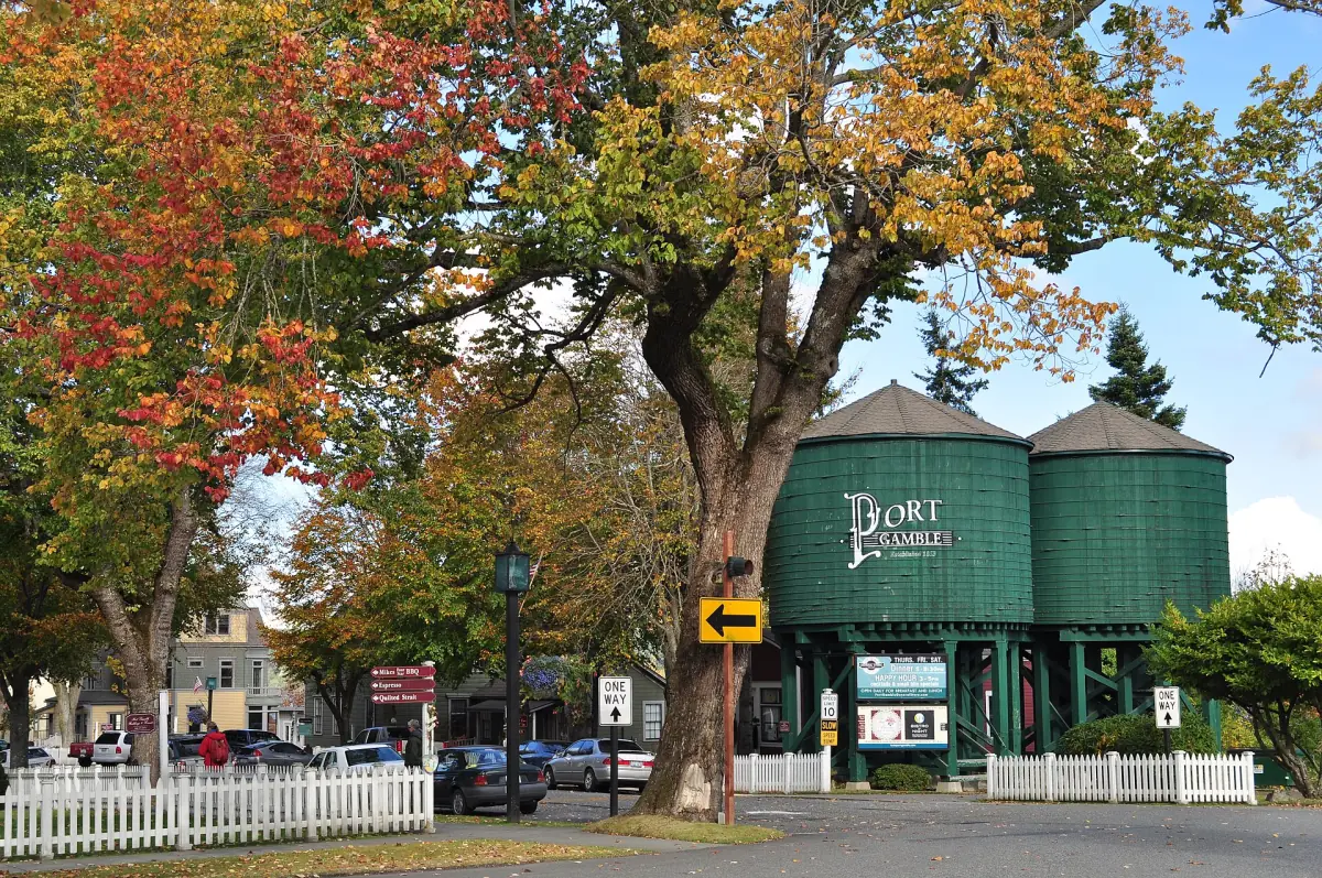Historic town street with green water tanks and autumn trees