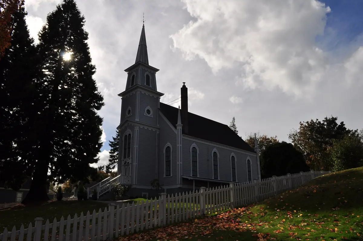 Small white church with a steeple among tall evergreen trees