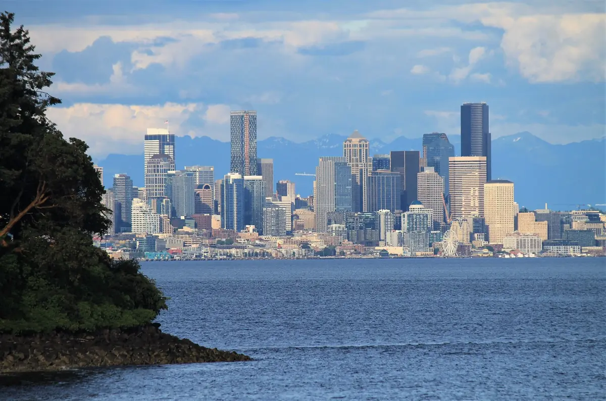 Seattle skyline and Puget Sound seen across the water from Bainbridge Island